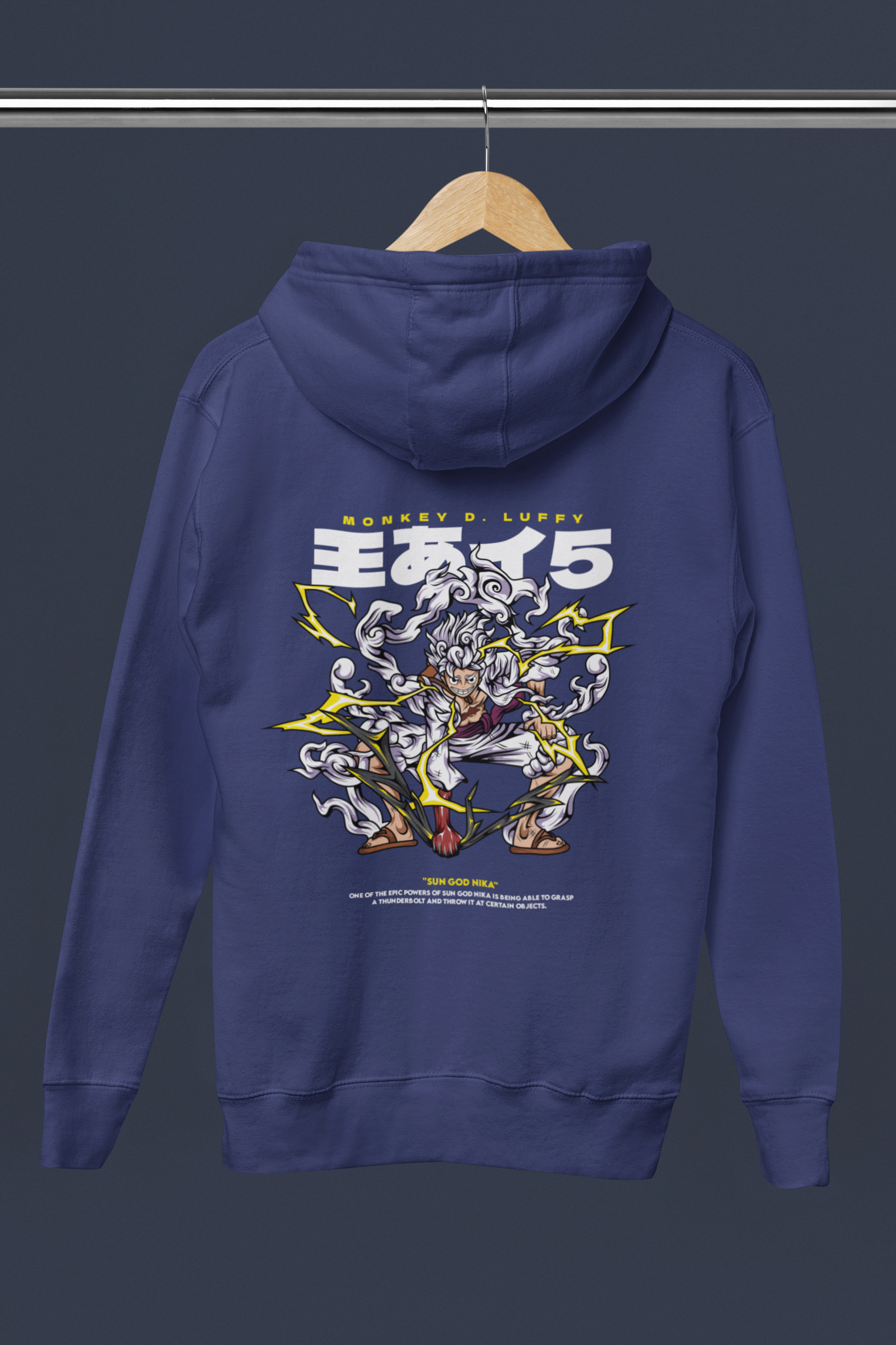 Blue hoodie with a graphic design on the back, featuring a character and text, on a dark background.
