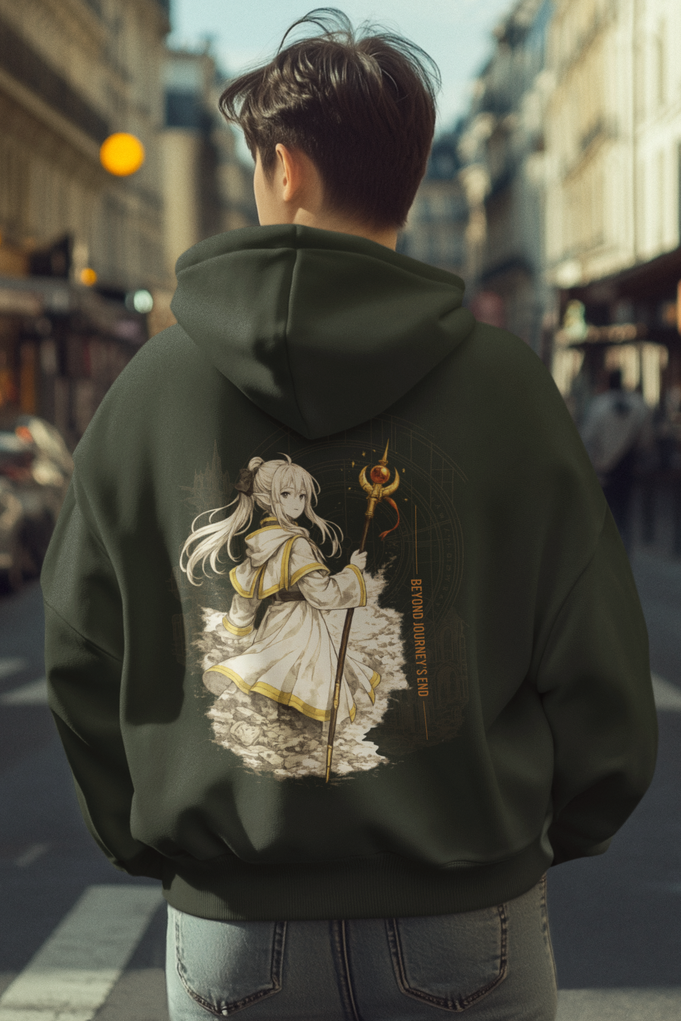 Person wearing a hoodie with an anime character on the back in an urban setting