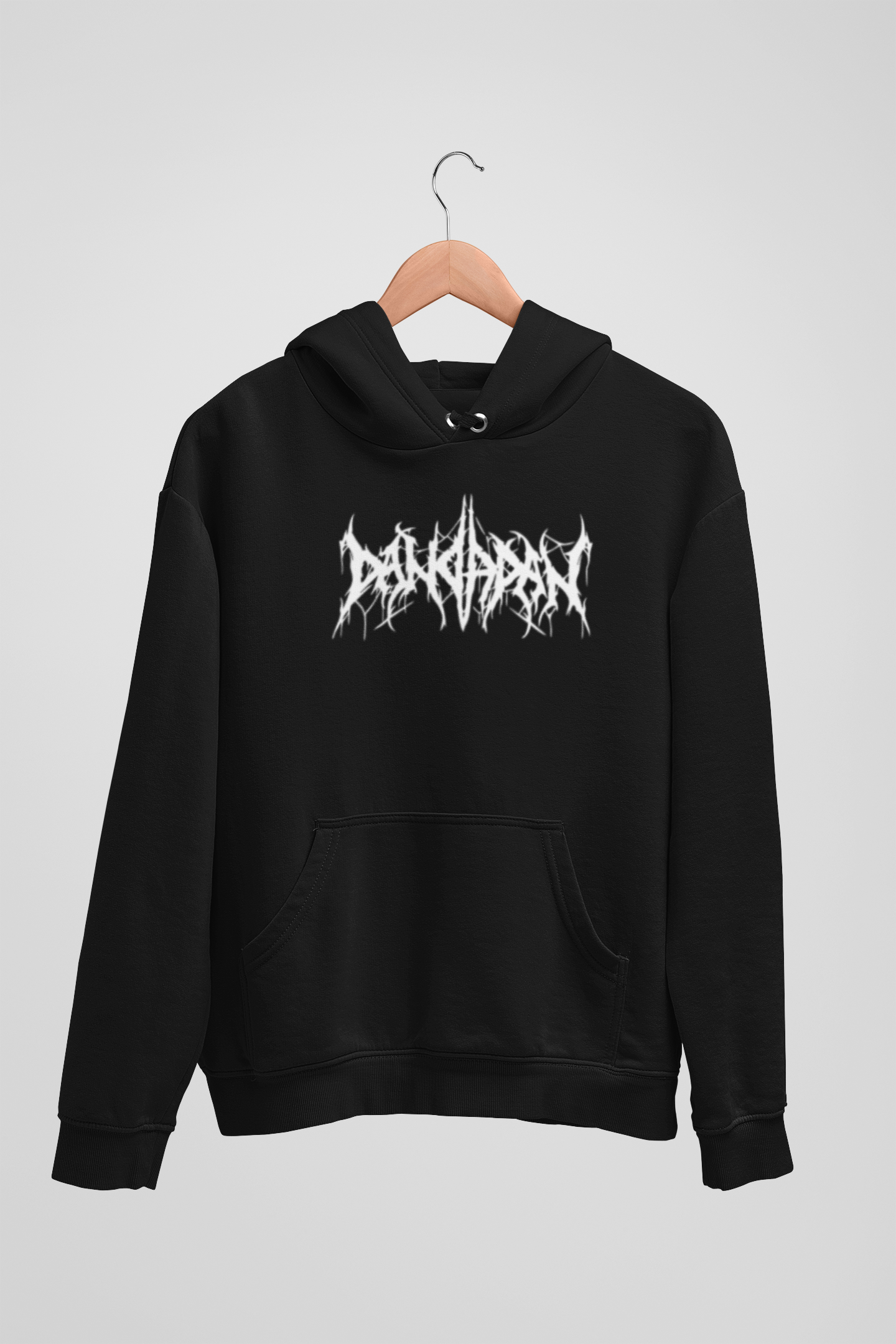 Black hoodie with white logo on a hanger against a light gray background